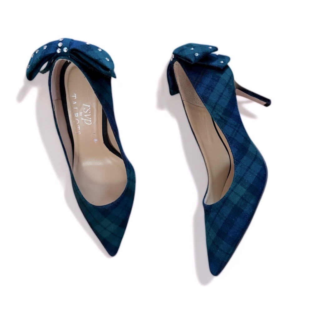 Talbots Plaid Bow Heels with Rhinestones